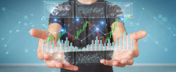 Geschäftsmann mit 3D-Rendering von Börsendaten und Charts — Stockfoto