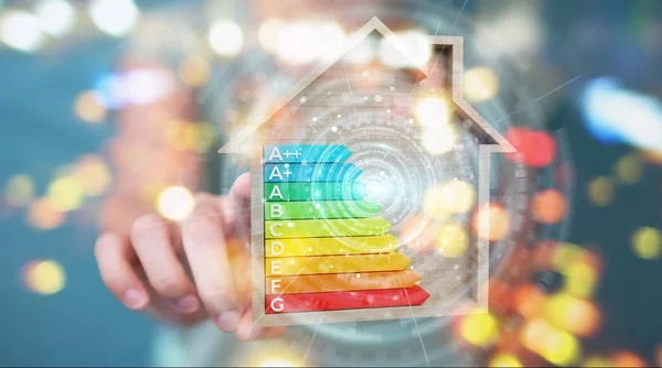 Mujer de negocios utilizando gráfico de calificación de energía de renderizado 3D en una madera —  Fotos de Stock