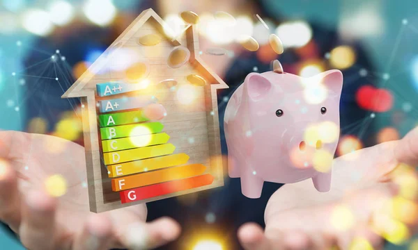 Podnikatelka šetřit peníze s dobrou energii graf hodnocení 3d protrhl — Stock fotografie