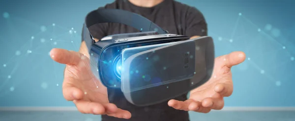 Empresario que utiliza tecnología de gafas de realidad virtual 3D renderin — Foto de Stock