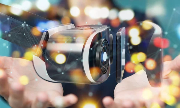 Podnikatelka, používající virtuální realita brýle 3d vykreslení technologie — Stock fotografie