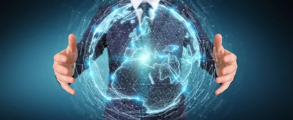 Businessman using globe network hologram with Europe map 3D rend