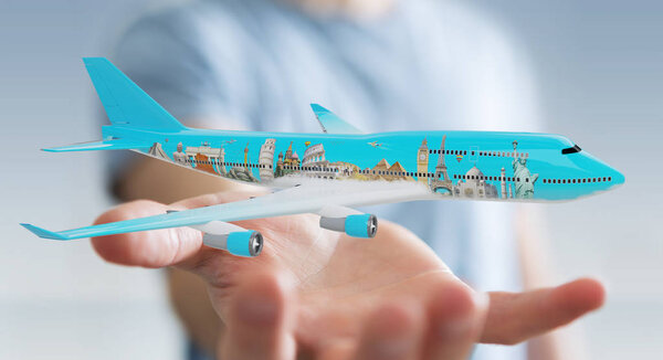 Бизнесмен с самолетом и знаменитыми достопримечательностями мира 3D ренд
