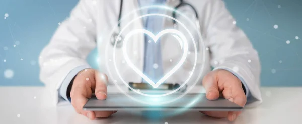 Medico in possesso di battito cardiaco interfaccia digitale rendering 3D — Foto Stock