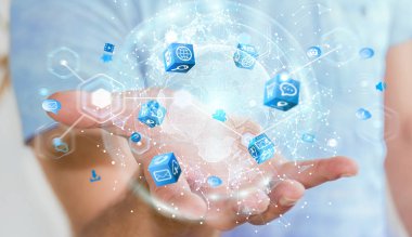 İşadamı 3d rende tarafından aktive uçan Dünya ağ arabirimi