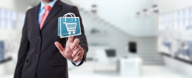 Dijital alışveriş simgeleri 3B oluşturmayı kullanarak iş adamı