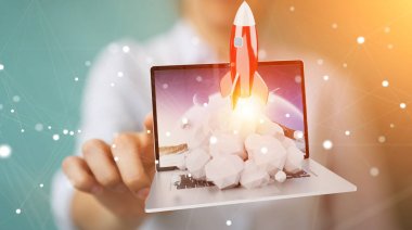 Bir laptop 3d render roket başlatılması ile iş kadını