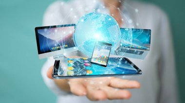 İşadamı teknik cihazlar ve simgeler uygulamaları 3d re bağlanılıyor