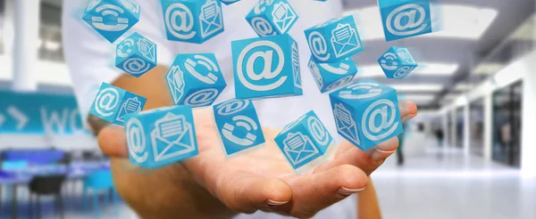 Businessman using floating cube contact 3D rendering — Stock Photo, Image