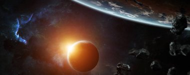 Uzak bir gezegende sistemi ile exoplanets 3d render elem alanda