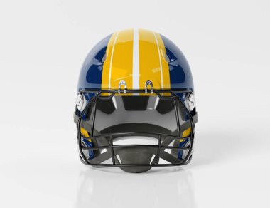 Mavi ve sarı Amerikan futbol kaskı beyaz mocku 'da izole edilmiş.