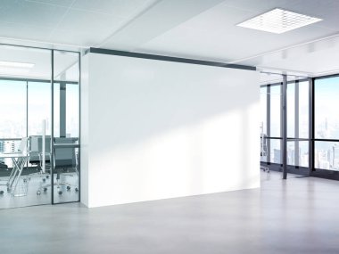 Büyük pencereler Mockup 3d ile beton ofiste Boş beyaz duvar