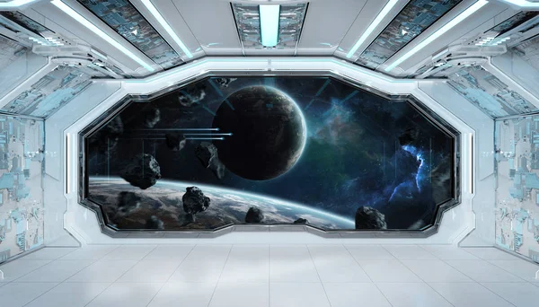 Weiß blaues Raumschiff futuristisches Interieur mit Fensterblick auf den Wellnessbereich — Stockfoto