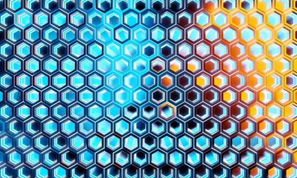 Glödande svart blå och orange hexagoner bakgrund mönster på sil — Stockfoto