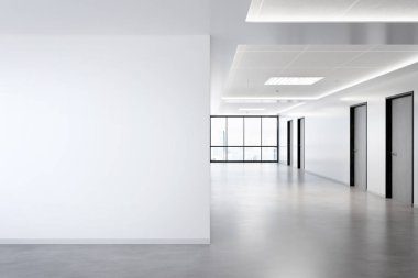 Büyük pencereler ve güneş t geçen ofis mockup boş duvar