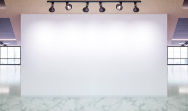 Mermer ve ahşap ofis mockup büyük pencereler ile boş duvar