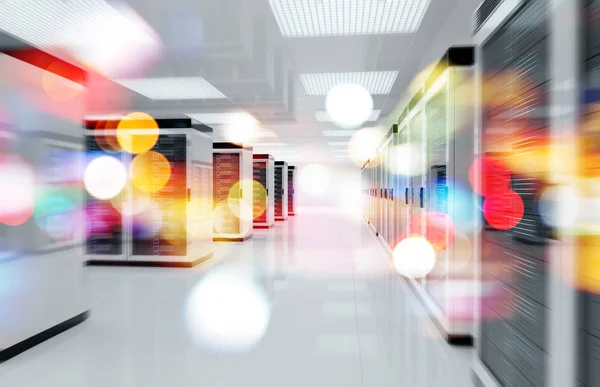 Servers data center room with bright bokeh light going through t