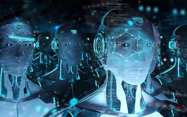 Grupo de cabeças de robôs masculinos usando telas holográficas digitais 3d ren — Fotografia de Stock