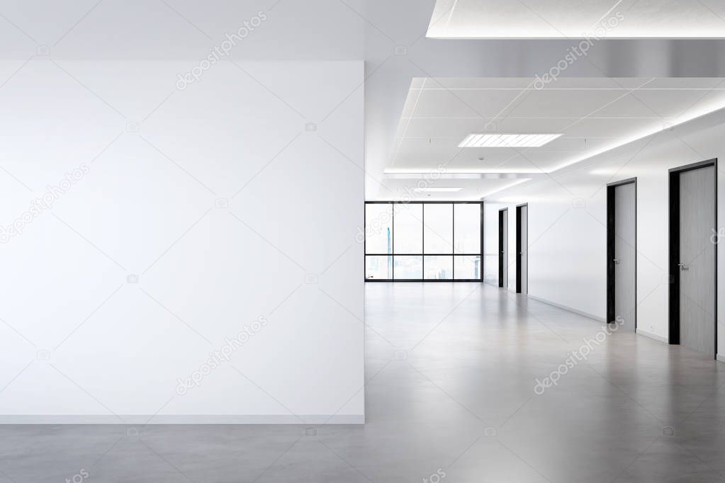 Blank wall in bright office mockup with large windows and sun passing through 3D rendering