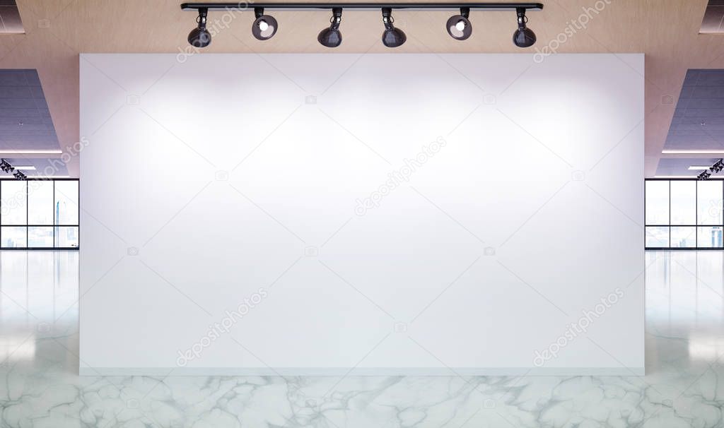 Blank wall in bright marble and wooden office mockup with large windows and sun passing through 3D rendering