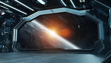 Koyu mavi uzay gemisi fütüristik iç planı üzerinde pencere Manzaralı