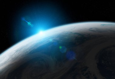 Dünya gezegeni görünümü bir gündoğumu sırasında atmosfer ile yakın yukarı 3