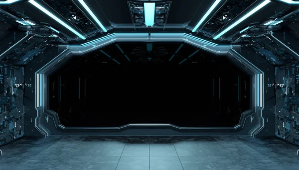 Dark blue spaceship futuristic interior mockup with window 3d re — Stock Photo, Image