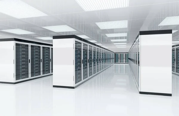 Sala central de servidores brancos com computadores e sistemas de armazenamento 3D — Fotografia de Stock