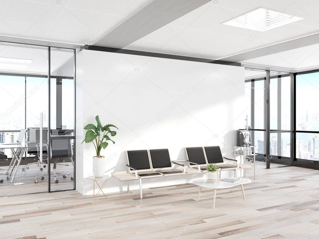 Blank white wall in bright concrete waiting room with large windows Mockup 3D rendering