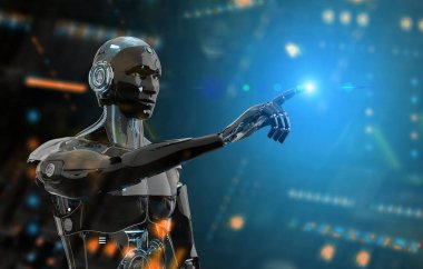 Siyah ve mavi akıllı robot cyborg koyu parmak işaret 
