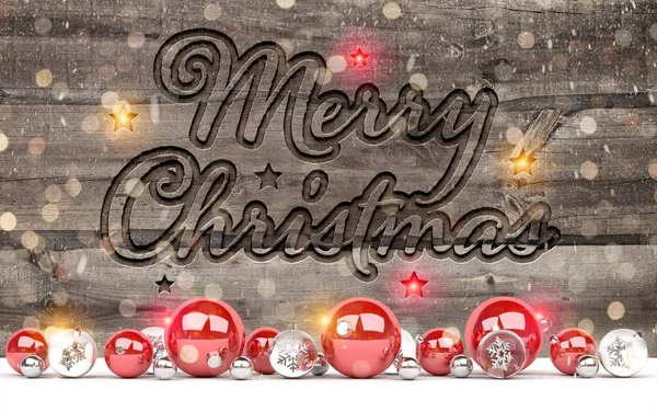 Χριστουγεννιάτικη κάρτα χαιρετισμούς με σκαλιστά ξύλα και διακοσμήσεις 3d ren — Φωτογραφία Αρχείου