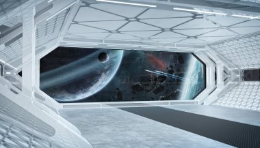 Beyaz mavi uzay gemisi fütüristik iç pencere manzaralı spa