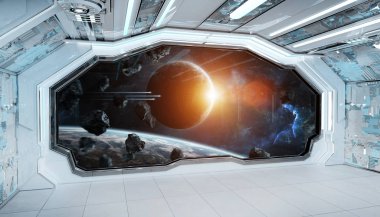 Beyaz mavi uzay gemisi fütüristik iç pencere manzaralı spa