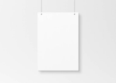 Duvarda asılı duran iplerle izole edilmiş beyaz poster 3d rende