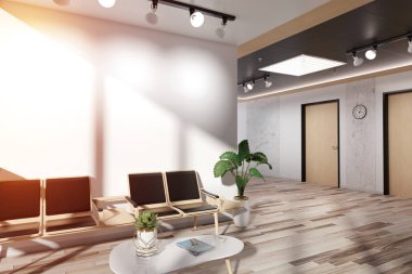 Ahşap bekleme odasında boş beyaz duvar Mockup 3d render