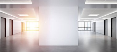 Büyük pencereler ve güneş p ile ofis mockup boş kare duvar