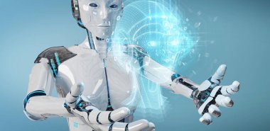 Dijital yapay zeka kafa Interfac kullanarak beyaz robot
