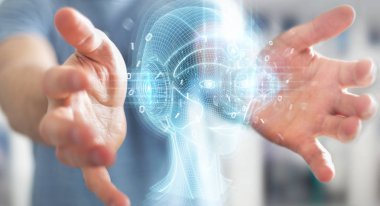 Dijital yapay zeka kafa arayüzünü kullanan işadamı