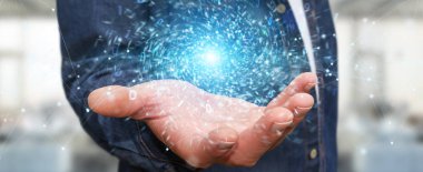 Yeni futuristik enerji güç kaynağı 3D rende oluşturma işadamı