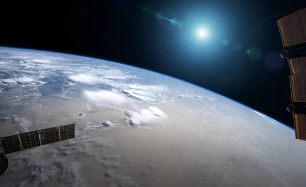 Vista del planeta Tierra desde una ventana de la estación espacial durante un sunris —  Fotos de Stock