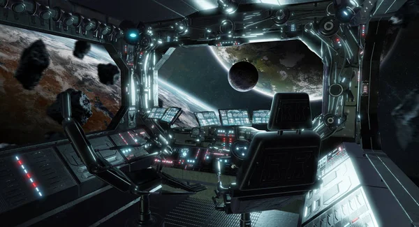 Nave espacial grunge sala de control interior con vista al espacio 3D ren — Foto de Stock