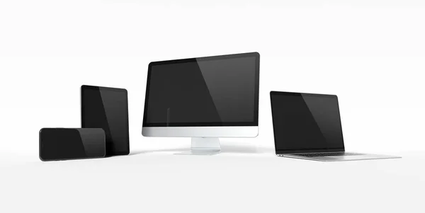 Moderna enheter med smartphone laptop dator och Tablet aligne — Stockfoto