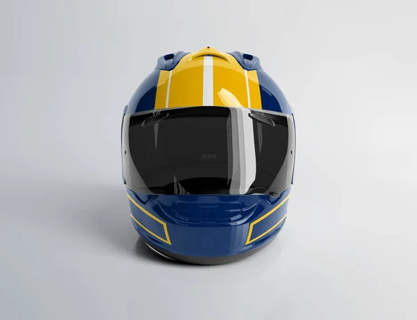 Casco moto blu e giallo isolato su bianco Mockup 3D re — Foto Stock