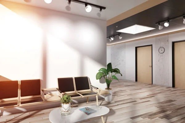 Blank white wall in wooden waiting room Mockup 3D rendering