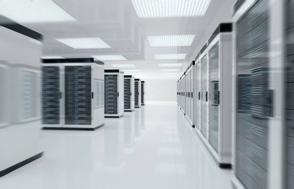 Sala de centro de servidores blancos con computadoras y sistemas de almacenamiento 3D — Foto de Stock