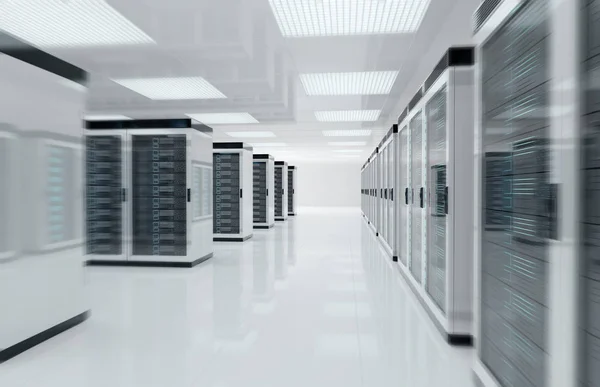 Sala centrale server bianchi con computer e sistemi di archiviazione 3D — Foto Stock