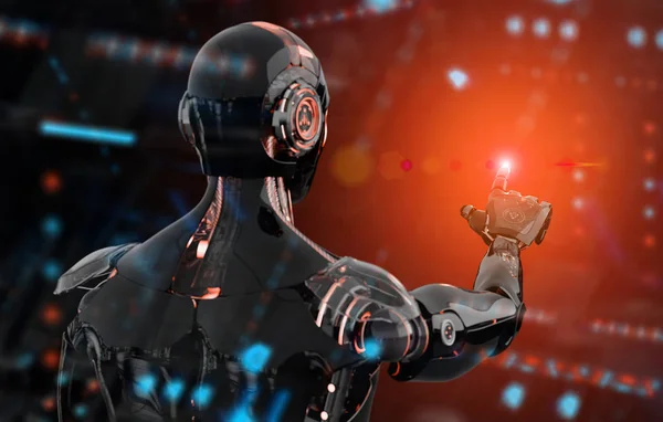 Robot cyborg inteligente negro y naranja apuntando con el dedo en dar —  Fotos de Stock