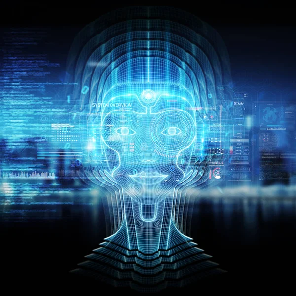 Έξυπνο μηχάνημα με ένα ρομποτικό cyborg κεφαλής έννοια 3d καθιστούν — Φωτογραφία Αρχείου