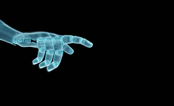 暗い 3 d レンダリングに指を指しているワイヤ青いロボット手 — ストック写真