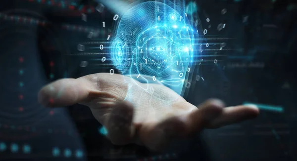 Affärsman med digital artificiell intelligens huvudgränssnitt — Stockfoto